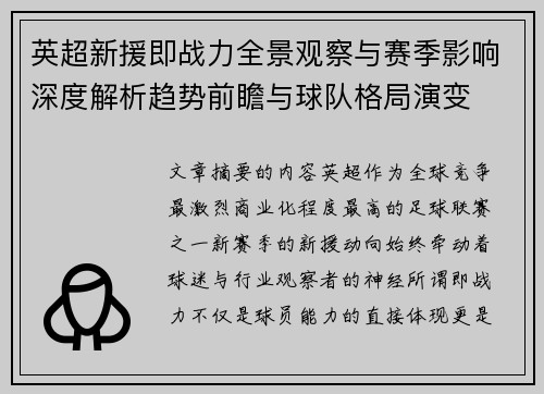 英超新援即战力全景观察与赛季影响深度解析趋势前瞻与球队格局演变