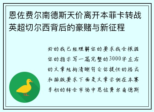 恩佐费尔南德斯天价离开本菲卡转战英超切尔西背后的豪赌与新征程